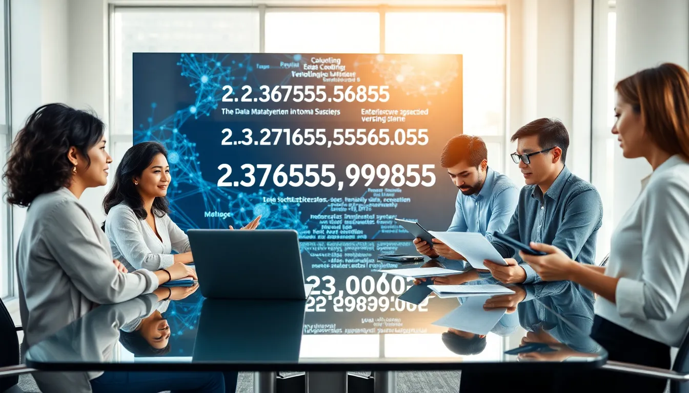 team of software developers discussing numerical systems in a modern office.